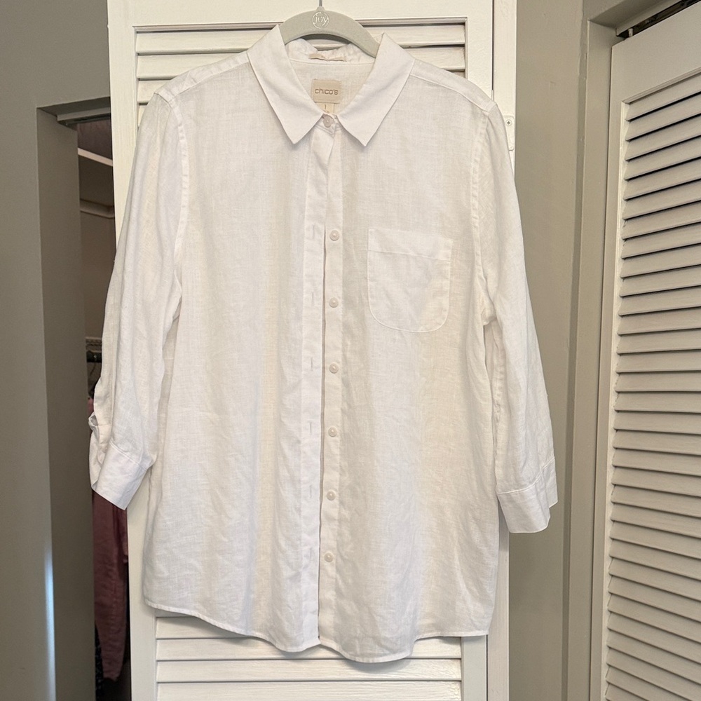 Chico's White Button-Up Linen Blouse
